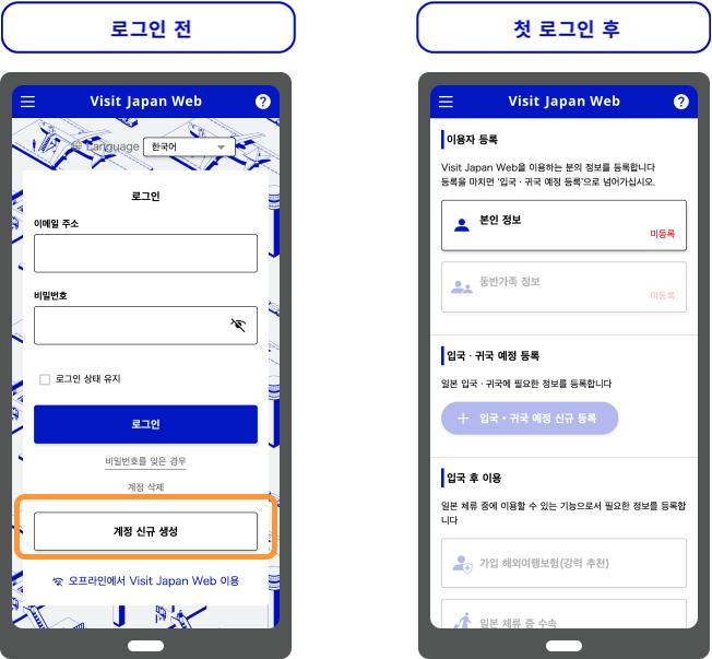 Visit Japan Web 로그인 전과 첫 로그인 후 공식 화면